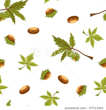 Chestnut seamless pattern. chestnut tree leaves, fruits, seeds. Autumn. Horse chestnut background. Perfect for texture for fabric, textile, wrapping paper, wallpaper. Vector 97521683