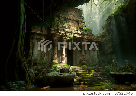Generative AI illustration of ancient temple ruins in a jungle Generative AI illustration of ancient temple ruins in a jungle 97521740