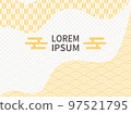 Japanese pattern that curves dynamically in yellow with the image of gold. Abstract background. Seigaiha and Yagasuri. 97521795