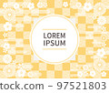 Japanese pattern abstract background with frame and floral decoration. A yellow checkerboard pattern and Seigaiha waves inspired by gold. 97521803