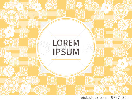 Japanese pattern abstract background with frame and floral decoration. A yellow checkerboard pattern and Seigaiha waves inspired by gold. Japanese pattern abstract background with frame and floral decoration. A yellow checkerboard pattern and Seigaiha waves inspired by gold. 97521803