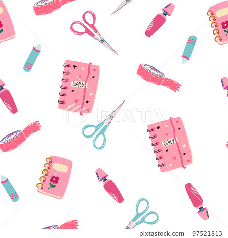 Stationery seamless pattern. Back to school. Notepad, Pen, Eraser, Marker, Sharpener and Scissors. Endless background in childish style for fabric, textile, kids and wallpaper. Vector illustration Stationery seamless pattern. Back to school. Notepad, Pen, Eraser, Marker, Sharpener and Scissors. Endless background in childish style for fabric, textile, kids and wallpaper. Vector illustration 97521813