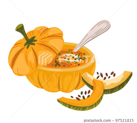 Pumpkin soup. Traditional autumn Thanksgiving food Pumpkin soup served in pumpkin with swirl of cream. Vector hand draw illustration flat icon isolated on white. 97521815