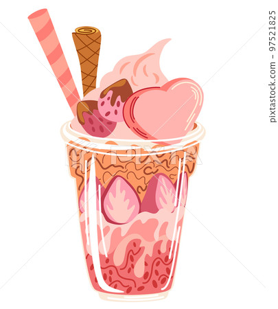 Sweet dessert with strawberries. Glass of strawberry yogurt smoothie or milkshake. Perfect for restaurant cafe print and web menus. Flat vector illustration isolated on white 97521825