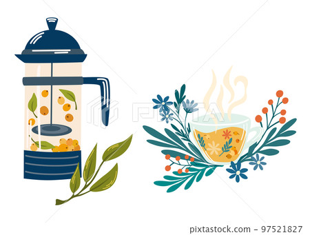 Herbal tea set. Mug with tea berries and leaves. Hot natural drink for health. Pharmacist of natural wellness poster, organic, herbal tea, wild flowers and herbs. Vector flat cartoon illustration 97521827