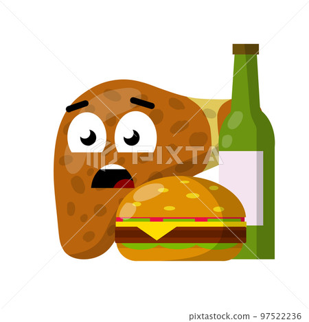 Bad liver. Sad internal organ of person. Alcohol beer character. Disease and cause. Cartoon flat illustration. Health care and medicine 97522236