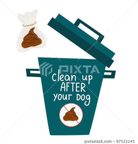 Cleaning for the dog. Hygienic dog bag with poop icon. Cleaning the park after walking pets concept. Hand draw Vector illustration isolated on the white background. 97522245