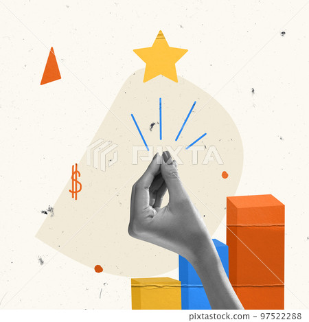Contemporary art collage. Creative design. Female hand over business analytics, graph. Miracle, ideas 97522288