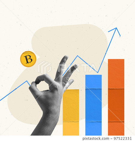Contemporary art collage. Creative design. Male hand showing Ok gesture over business graph going up. Financial growth 97522331