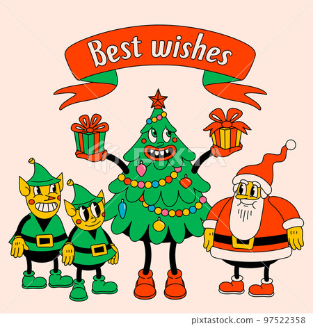 Merry Christmas and Happy New year trendy retro cartoon characters. Groovy hippie Christmas card with Santa Claus, Christmas tree, elves, and best wishes text. Vector Cartoon characters and elements. Merry Christmas and Happy New year trendy retro cartoon characters. Groovy hippie Christmas card with Santa Claus, Christmas tree, elves, and best wishes text. Vector Cartoon characters and elements. 97522358