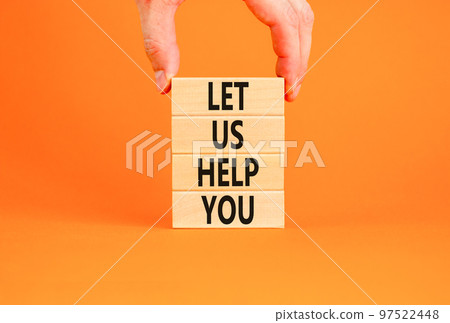 Support and let us help you symbol. Concept words Let us help you on wooden blocks on a beautiful orange table orange background. Businessman hand. Business, support and let us help you concept. Support and let us help you symbol. Concept words Let us help you on wooden blocks on a beautiful orange table orange background. Businessman hand. Business, support and let us help you concept. 97522448