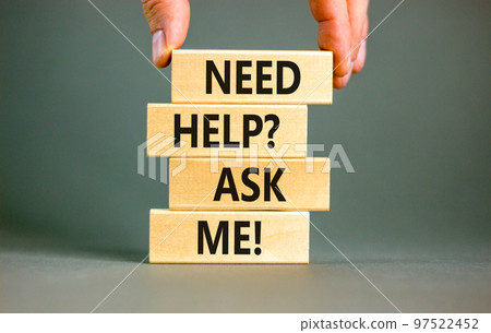 Support and need help ask me symbol. Concept words Need help ask me on wooden blocks on a beautiful grey table grey background. Businessman hand. Business, support and Need help ask me concept. Support and need help ask me symbol. Concept words Need help ask me on wooden blocks on a beautiful grey table grey background. Businessman hand. Business, support and Need help ask me concept. 97522452