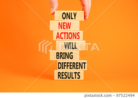 New action symbol. Concept words Only new actions will bring different results on wooden blocks. Beautiful orange background copy space. Businessman hand. Business new action and result concept. New action symbol. Concept words Only new actions will bring different results on wooden blocks. Beautiful orange background copy space. Businessman hand. Business new action and result concept. 97522494