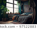 Illustration of boho style interior, bedroom with blue wall,created with Generative AI technology. 97522883