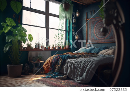 Illustration of boho style interior, bedroom with blue wall,created with Generative AI technology. Illustration of boho style interior, bedroom with blue wall,created with Generative AI technology. 97522883