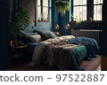 Illustration of boho style interior, bedroom with blue wall,created with Generative AI technology. 97522887