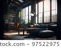 Illustration of living room with library and office counter,created with Generative AI technology. 97522975