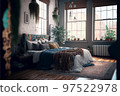Illustration of boho style interior, bedroom with brick wall,created with Generative AI technology. 97522978