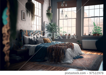 Illustration of boho style interior, bedroom with brick wall,created with Generative AI technology. Illustration of boho style interior, bedroom with brick wall,created with Generative AI technology. 97522978