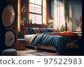 Illustration of boho style interior, bedroom with oriental decorations,created with Generative AI technology. 97522983