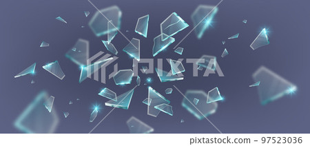 Broken glass vector shatter explosion, 3D splinters on black background, sharp ice fragments 97523036