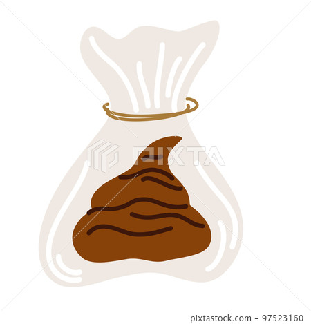 Cleaning for the dog. Hygienic dog bag with poop icon. Cleaning the park after walking pets concept. Hand draw Vector illustration isolated on the white background. Cleaning for the dog. Hygienic dog bag with poop icon. Cleaning the park after walking pets concept. Hand draw Vector illustration isolated on the white background. 97523160