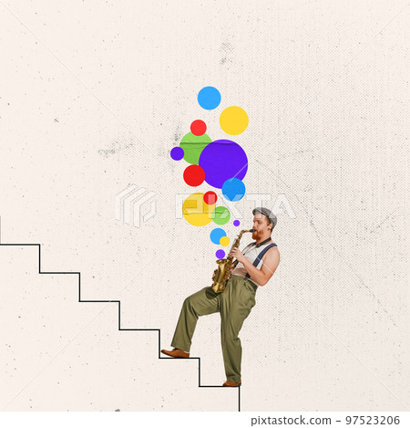 Conceptual contemporary art collage. Man playing saxophone and walking drawn stairs. Love melody 97523206