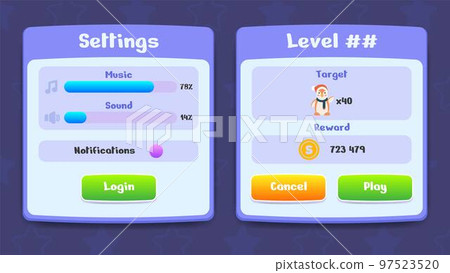 Settings and Level menu pop up with buttons and icons. Set of user interface GUI to build 2D games. Can be used in mobile or web or video games Settings and Level menu pop up with buttons and icons. Set of user interface GUI to build 2D games. Can be used in mobile or web or video games 97523520