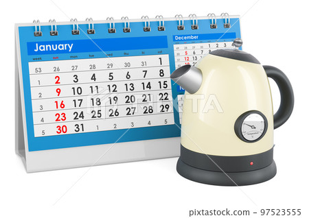 Electric tea kettle, retro design with desk calendar, 3D rendering 97523555
