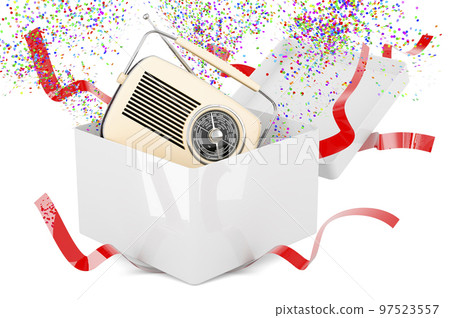Gift box with retro radio, 3D rendering 97523557