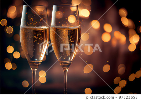 Two champagne glasses on a bokeh light background, ready for New Year celebrations. Two champagne glasses on a bokeh light background, ready for New Year celebrations. 97523655