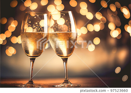 Two champagne glasses on a bokeh light background, ready for New Year celebrations. Two champagne glasses on a bokeh light background, ready for New Year celebrations. 97523660