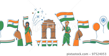 Seamless pattern with Happy Republic Day of India. Indian national traditional holiday symbols. 97524053