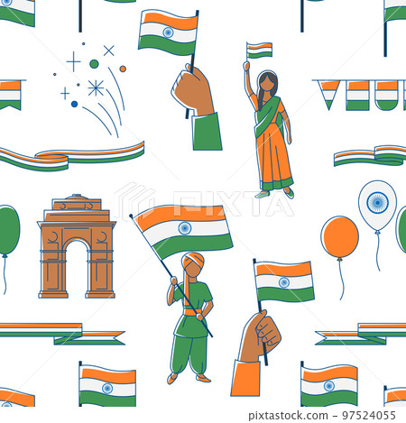 Seamless pattern with Happy Republic Day of India. Indian national traditional holiday symbols. 97524055