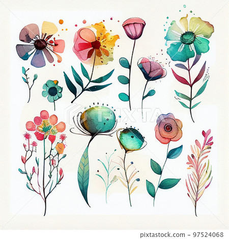 Set flowers and leave painting watercolor floral illustration created with Generative AI technology. Set flowers and leave painting watercolor floral illustration created with Generative AI technology. 97524068