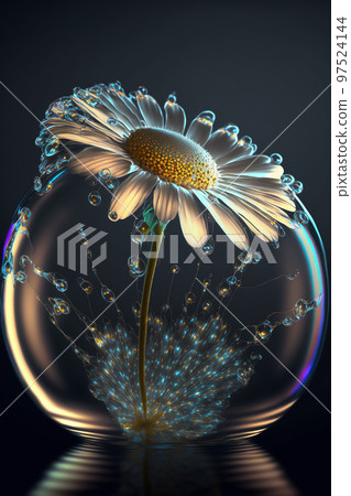 Beautiful flower daisy and water drop on black background (Created with Generative AI technology). Beautiful flower daisy and water drop on black background (Created with Generative AI technology). 97524144