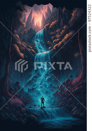 Beautiful wild nature landscape with waterfall and river from high mountains. Created with Generative AI technology. Beautiful wild nature landscape with waterfall and river from high mountains. Created with Generative AI technology. 97524322