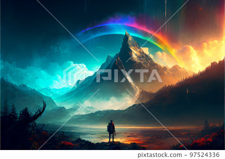 Amazing landscapes view of mountain with rainbow on sunrise. 2D Illustration (Created with Generative AI technology). 97524336