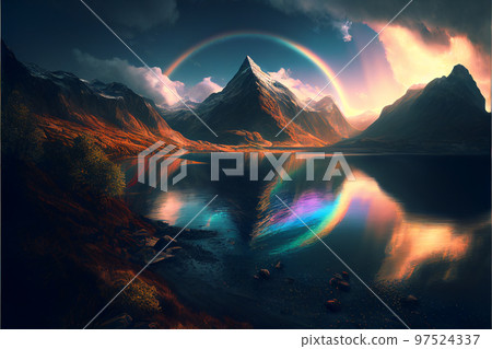 Amazing landscapes view of mountain with rainbow on sunrise. 2D Illustration (Created with Generative AI technology). 97524337