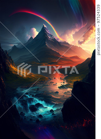 Amazing landscapes view of mountain with rainbow on sunrise. 2D Illustration (Created with Generative AI technology). Amazing landscapes view of mountain with rainbow on sunrise. 2D Illustration (Created with Generative AI technology). 97524339