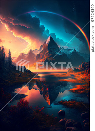Amazing landscapes view of mountain with rainbow on sunrise. 2D Illustration (Created with Generative AI technology). Amazing landscapes view of mountain with rainbow on sunrise. 2D Illustration (Created with Generative AI technology). 97524340