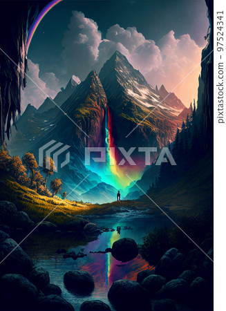 Amazing landscapes view of mountain with rainbow on sunrise. 2D Illustration (Created with Generative AI technology). Amazing landscapes view of mountain with rainbow on sunrise. 2D Illustration (Created with Generative AI technology). 97524341