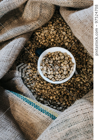 Green coffee grain in a bag Green coffee grain in a bag 97524708
