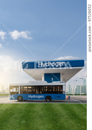 Fuel cell bus at the hydrogen filling station 97526052