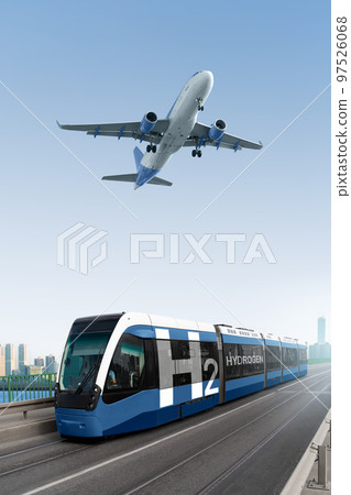 A hydrogen fuel cell tram and plane in the sky. 97526068
