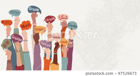 Raised arms and hands of multi-ethnic people from different nations and continents holding speech bubbles with text -thank you- in various different languages. Banner copy space. Equality 97526673