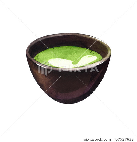 Watercolor organic green Japanese matcha latte in black cup. Hand drawn illustration, isolated on white background. Green tea fragrant drink isolated on white background in cartoon flat style. 97527632