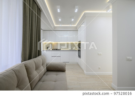 Living room with a couch and a kitchen in the background Living room with a couch and a kitchen in the background 97528016