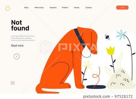 Not found - Online shopping and electronic commerce series - modern flat vector concept illustration of a dog sitting next to an empty pit. Missing artcile, sale and online orders concept Not found - Online shopping and electronic commerce series - modern flat vector concept illustration of a dog sitting next to an empty pit. Missing artcile, sale and online orders concept 97528172
