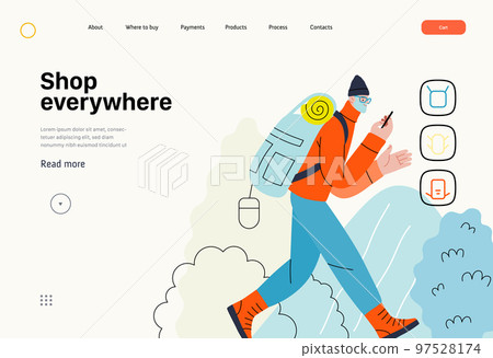 Shop everywhere - electronic commerce series - modern flat vector concept illustration of a man hiking with a travel backpack and shopping online. Promotion, discounts, sale and online orders concept Shop everywhere - electronic commerce series - modern flat vector concept illustration of a man hiking with a travel backpack and shopping online. Promotion, discounts, sale and online orders concept 97528174